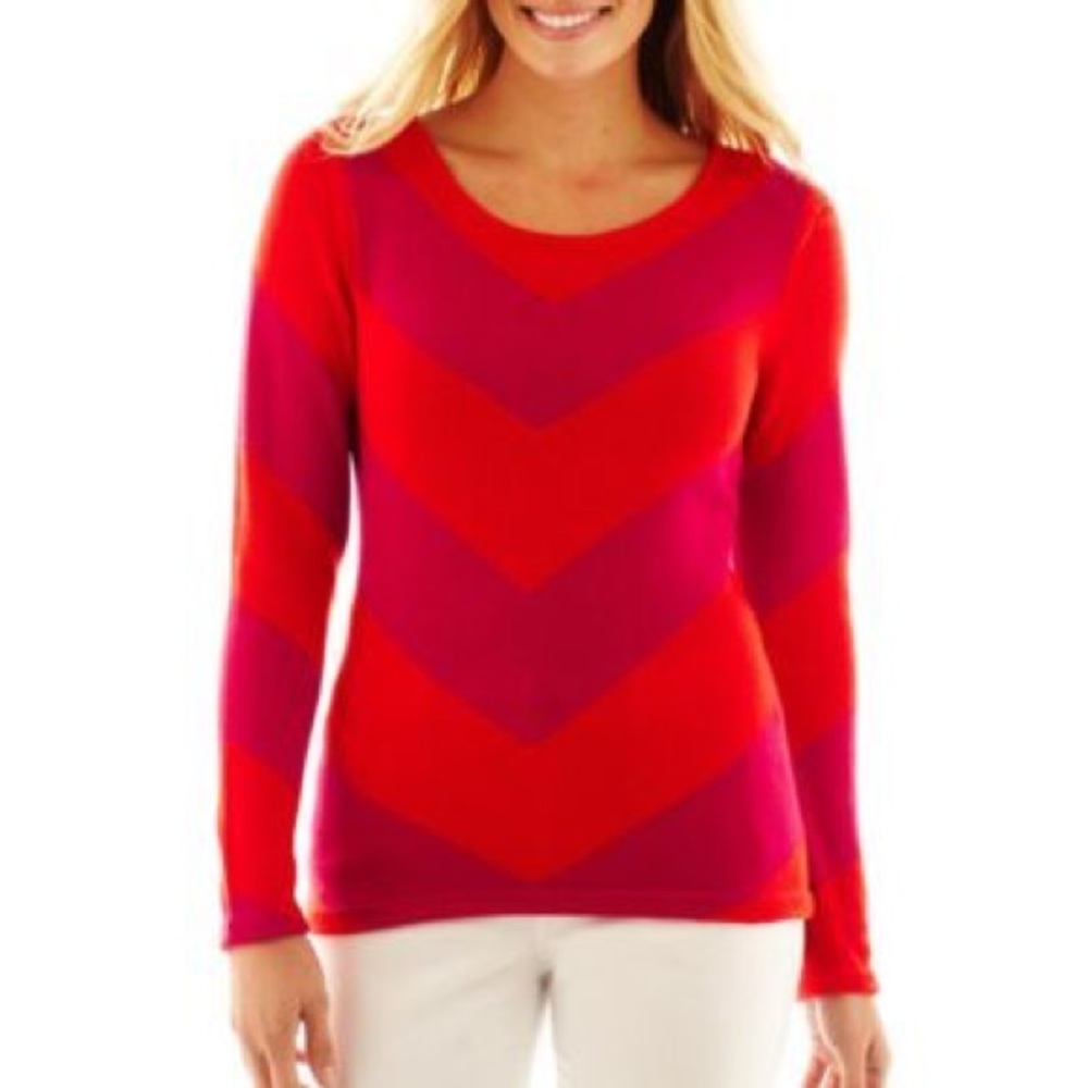 Liz Claiborne pastel orange and fuchsia chevron vintage crewneck sweater.